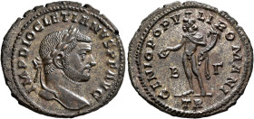 Diocletian, 284-305. Follis (Silvered bronze, 29 mm, 9.53 g, 12 h), Treveri, circa 296-297. IMP DIOCLETIANVS P F AVG Laureate head of Diocletian to ri...