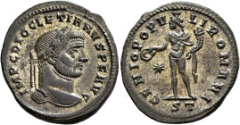 Diocletian, 284-305. Follis (Silvered bronze, 28 mm, 10.50 g, 12 h), Ticinum, circa 296-297. IMP C DIOCLETIANVS P F AVG Laureate head of Diocletian to...