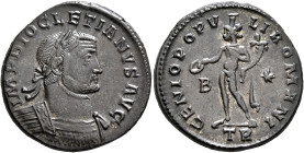 Diocletian, 284-305. Follis (Silvered bronze, 28 mm, 10.82 g, 11 h), Treveri, circa 298-299. IMP DIOCLETIANVS AVG Laureate and cuirassed bust of Diocl...
