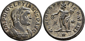 Diocletian, 284-305. Follis (Silvered bronze, 25 mm, 9.24 g, 12 h), Treveri, circa 298-299. IMP DIOCLETIANVS P AVG Laureate and cuirassed bust of Dioc...