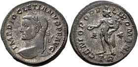 Diocletian, 284-305. Follis (Silvered bronze, 27 mm, 10.12 g, 7 h), Treveri, circa 298-299. IMP DIOCLETIANVS P F AVG Laureate head of Diocletian to le...