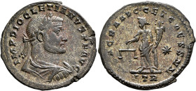 Diocletian, 284-305. Follis (Silvered bronze, 30 mm, 8.32 g, 6 h), Treveri, circa 300-301. IMP DIOCLETIANVS P F AVG Laureate, draped and cuirassed bus...