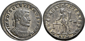 Diocletian, 284-305. Follis (Silvered bronze, 29 mm, 10.78 g, 12 h), Treveri, circa 300-301. IMP DIOCLETIANVS P F AVG Laureate and cuirassed bust of D...