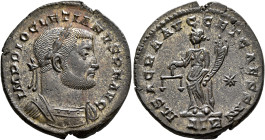 Diocletian, 284-305. Follis (Silvered bronze, 28 mm, 8.42 g, 6 h), Treveri, circa 300-301. IMP DIOCLETIANVS P F AVG Laureate and cuirassed bust of Dio...
