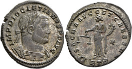 Diocletian, 284-305. Follis (Silvered bronze, 29 mm, 8.40 g, 5 h), Treveri, circa 300-301. IMP DIOCLETIANVS P F AVG Laureate and cuirassed bust of Dio...