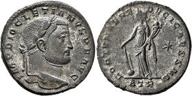 Diocletian, 284-305. Follis (Silvered bronze, 28 mm, 9.03 g, 6 h), Treveri, circa 300-301. IMP DIOCLETIANVS P F AVG Laureate head of Diocletian to rig...
