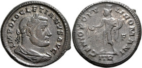 Diocletian, 284-305. Follis (Silvered bronze, 29 mm, 10.78 g, 6 h), Treveri, circa 302-303. IMP DIOCLETIANVS AVG Laureate, draped and cuirassed bust o...