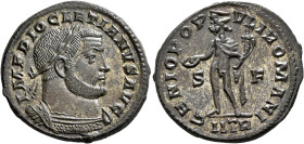 Diocletian, 284-305. Follis (Silvered bronze, 28 mm, 10.46 g, 6 h), Treveri, circa 302-303. IMP DIOCLETIANVS AVG Laureate and cuirassed bust of Diocle...