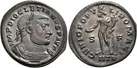 Diocletian, 284-305. Follis (Silvered bronze, 28 mm, 10.32 g, 5 h), Treveri, circa 302-303. IMP DIOCLETIANVS P AVG Laureate and cuirassed bust of Dioc...