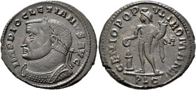 Diocletian, 284-305. Follis (Silvered bronze, 29 mm, 9.14 g, 12 h), Lugdunum, circa 302-mid 304. IMP DIOCLETIANVS AVG Laureate and cuirassed bust of D...
