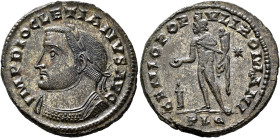 Diocletian, 284-305. Follis (Silvered bronze, 28 mm, 9.11 g, 5 h), Lugdunum, circa mid 304-1 May 305. IMP DIOCLETIANVS AVG Laureate and cuirassed bust...