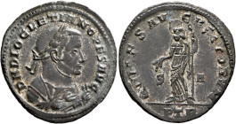 Diocletian, 284-305. Follis (Silvered bronze, 28 mm, 6.61 g, 1 h), Treveri, spring 307. D N DIOCLETIANO P F S AVG Laureate and mantled bust of Dioclet...