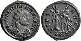 Maximianus, first reign, 286-305. Antoninianus (Bronze, 22 mm, 4.19 g, 5 h), Ticinum, 294. IMP MAXIMIANVS P F AVG Radiate, draped and cuirassed bust o...