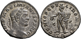 Maximianus, first reign, 286-305. Follis (Silvered bronze, 25 mm, 8.83 g, 12 h), Treveri, 296-297. IMP MAXIMIANVS P F AVG Laureate head of Maximianus ...