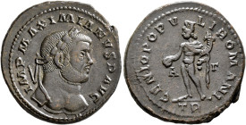 Maximianus, first reign, 286-305. Follis (Bronze, 28 mm, 11.33 g, 6 h), Treveri, circa 296-297. IMP MAXIMIANVS P AVG Heroic nude and laureate bust of ...