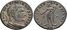 Maximianus, first reign, 286-305. Follis (Silvered bronze, 28 mm, 9.70 g, 7 h), Treveri, circa 298-299. IMP MAXIMIANVS P F AVG Laureate head of Maximi...