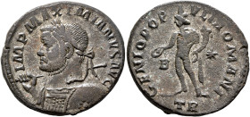 Maximianus, first reign, 286-305. Follis (Silvered bronze, 26 mm, 9.28 g, 11 h), Treveri, circa 298-299. IMP MAXIMIANVS AVG Laureate and cuirassed bus...