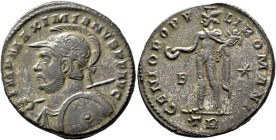 Maximianus, first reign, 286-305. Follis (Silvered bronze, 28 mm, 10.56 g, 6 h), Treveri, circa 298-299. IMP MAXIMIANVS P F AVG Laureate, helmeted and...