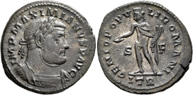Maximianus, first reign, 286-305. Follis (Silvered bronze, 28 mm, 9.57 g, 6 h), Treveri, circa 302-303. IMP MAXIMIANVS P AVG Laureate and cuirassed bu...