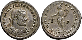Maximianus, first reign, 286-305. Follis (Silver, 28 mm, 9.35 g, 6 h), Treveri, circa 302-303. IMP MAXIMIANVS P F AVG Laureate and cuirassed bust of M...