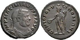 Maximianus, first reign, 286-305. Follis (Silvered bronze, 28 mm, 7.53 g, 5 h), Londinium, circa 303-305. IMP MAXIMIANVS P F AVG Laureate, draped and ...