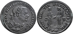 Maximianus, as Senior Augustus. Follis (Bronze, 28 mm, 8.64 g, 1 h), Treveri, 1 May 305-early 307. D N MAXIMIANO BAEATISSIMO SEN AVG Laureate and mant...