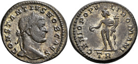 Constantius I, as Caesar, 293-305. Follis (Silvered bronze, 26 mm, 9.45 g, 11 h), Treveri, circa 294. CONSTANTIVS NOB CAES Laureate head of Constantiu...