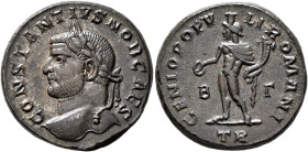 Constantius I, as Caesar, 293-305. Follis (Silvered bronze, 25 mm, 12.27 g, 5 h), Treveri, circa 296-297. CONSTANTIVS NOB CAES Laureate head of Consta...