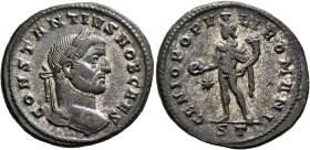 Constantius I, as Caesar, 293-305. Follis (Silvered bronze, 27.82 mm, 10.34 g, 5 h), Ticinum, circa 296-297. CONSTANTIVS NOB CAES Laureate head of Con...