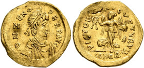 Zeno, second reign, 476-491. Tremissis (Gold, 14 mm, 1.38 g, 6 h), Constantinopolis. D N ZENO PERP AVG Diademed, draped and cuirassed bust of Zeno to ...