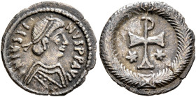 Justin II, 565-578. Half Siliqua (?) (Silver, 13 mm, 0.66 g, 6 h), Ravenna, circa 567-578. D N IVSTINVS P P AVG Diademed, draped and cuirassed bust of...