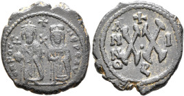 Phocas, 602-610. Half Follis (Bronze, 22 mm, 5.44 g, 6 h), with Leontia, Theoupolis (Antiochia), RY 1 = 602/3. O N FOCA NЄ PЄ AV Phocas, on the left, ...