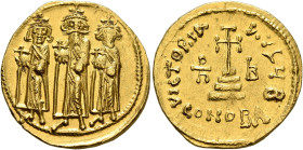 Heraclius, with Heraclius Constantine and Heraclonas, 610-641. Solidus (Gold, 20 mm, 4.52 g, 6 h), Constantinopolis, 638/9 (?). Heraclius, Heraclius C...