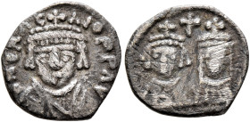 Heraclius, with Martina and Heraclius Constantine, 610-641. 1/4 Siliqua (Silver, 12 mm, 0.63 g, 2 h), Carthage, 614-641. D N ЄRACΛIO P P AV Draped and...