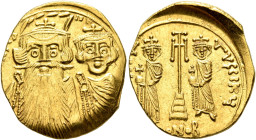 Constans II, with Constantine IV, Heraclius, and Tiberius, 641-668. Solidus (Gold, 20 mm, 4.35 g, 6 h), Syracuse, circa 661-663. Facing bust of Consta...