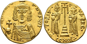 Constantine IV Pogonatus, with Heraclius and Tiberius, 668-685. Solidus (Gold, 19 mm, 4.41 g, 6 h), Syracuse, 668-673. δ N CONSTNTCЧS P P Facing bust ...