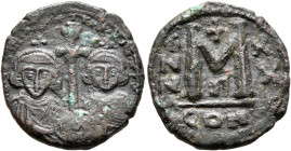 Justinian II, with Tiberius, second reign, 705-711. Follis (Bronze, 21 mm, 4.53 g, 6 h), Constantinopolis, RY 20 = 705/6. d N IЧSTINIANЧS ЄT TIbЄRIЧS ...