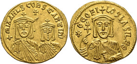 Theophilus, with Constantine and Michael II, 829-842. Solidus (Gold, 21 mm, 4.41 g, 6 h), Constantinopolis, 830/1-840. ✱ΘЄOFILOS bASILЄ Θ Facing bust ...