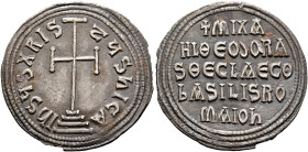 Michael III "the Drunkard", with Theodora and Thecla, 842-867. Miliaresion (Silver, 24 mm, 1.97 g, 12 h), Constantinopolis, 842-856. IҺSЧS XRISTЧS ҺIC...