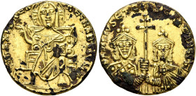 Basil I the Macedonian, with Constantine, 867-886. 'Solidus' (Subaeratus, 19 mm, 2.69 g, 6 h), a contemporary imitation, irregular mint. +IhS XPS RЄX ...