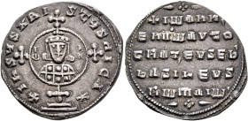 John I Zimisces, 969-976. Miliaresion (Silver, 22 mm, 2.85 g, 6 h), Constantinopolis. + IҺSЧS XRI-STЧS ҺICA ✷ Cross crosslet set upon globe above two ...