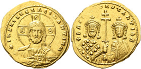 Basil II Bulgaroktonos, with Constantine VIII, 976-1025. Histamenon (Gold, 24 mm, 4.42 g, 6 h), Constantinopolis, 977-989. +IҺS XIS RЄX RЄGNANTIҺm Nim...