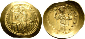 Constantine X Ducas, 1059-1067. Histamenon (Gold, 26 mm, 4.37 g, 6 h), Constantinopolis. +IҺS IXS REX REGNANTIҺm Christ, nimbate, seated facing on str...