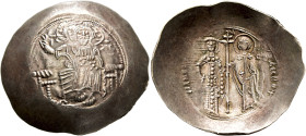 Manuel I Comnenus, 1143-1180. Aspron Trachy (Electrum, 35 mm, 4.58 g, 6 h), Constantinopolis, circa 1152-1167. Christ seated facing on throne without ...