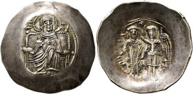 Isaac II Angelus, first reign, 1185-1195. Aspron Trachy (Electrum, 29 mm, 3.55 g, 6 h), Constantinopolis. MHP(in ligature) - ΘV The Virgin, nimbate, s...