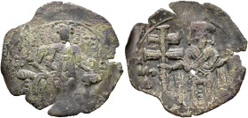 Michael VIII Palaeologus, 1261-1282. Trachy (Bronze, 25 mm, 1.62 g, 6 h), Thessalonica. [...]OA[...] [...]T[...] St. Demetrius seated facing in milita...