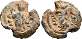 Uncertain, 4th century. Seal (Lead, 19 mm, 6.82 g, 12 h). HA-ΓM Veiled female figure (Pietas?) standing to left, both hands raised. Rev. IⲰ-ΔOI Victor...