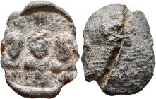 Theodosius I, with Arcadius and Honorius (?), 383-395. Seal (Lead, 21 mm, 4.63 g). DDD NNN AVGG[G] ('Our Lords, the emperors') / KVPVRO... Draped bust...