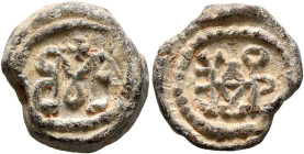 Eusebios and Theodoros, 6th century. Seal (Lead, 17 mm, 6.03 g, 12 h). Block monogram EVCEBIOV, cross above. Rev. Block monogram ΘEOΔⲰPOV. Unpublished...