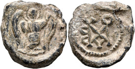 Abramios, 6th century. Seal (Lead, 20 mm, 5.60 g, 6 h). Angel standing facing, raising his left hand. Rev. Block monogram ABPAMIOV. Unpublished in the...